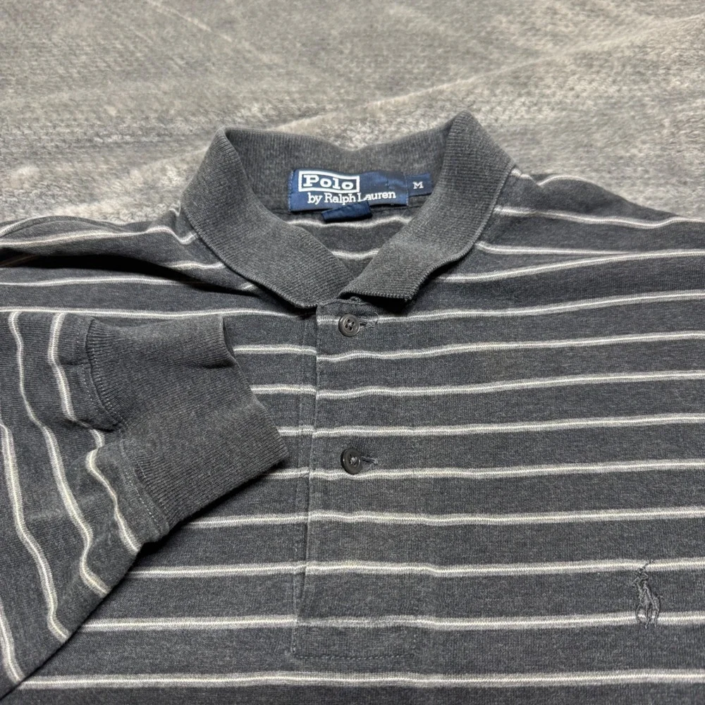 Polo Ralph Lauren Mens Long Sleeve Striped Polo Shirt Gray White‎ Size M Cotton